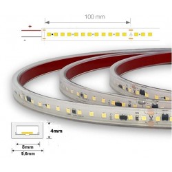 Tira LED 230V monocolor 5W/mt 120L/mt. SMD 2835 IP65 9,6x4mm corte cada 100mm, Venta por metros, desde 4,98€/m